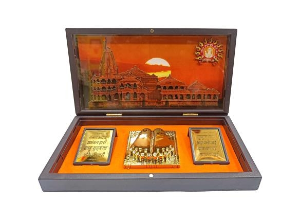 Sooryavamshi Sri Ram Ayodya Mandir inside Gold Plated Charan Padhuka Box Corporate Gift 21 x 11 cms