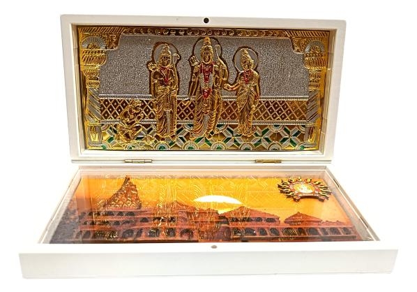 Sooryavamshi Sri Ram Darbar with Ayodya Mandir inside Gold Plated Box Corporate Gift 21 x 11 cms