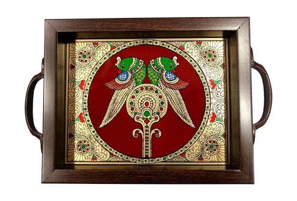 Traditional Tanjore style painting Pair of Parrots Tamboolam Tray size 6 & 8 inch height 