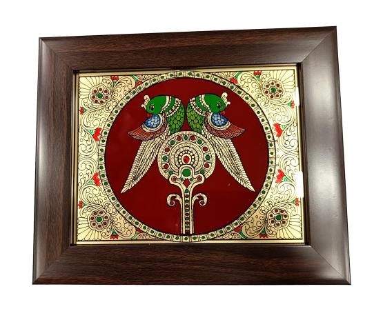 Traditional Tanjore style painting Pair of Parrots Photo Frame Wall Art Hanging size 6 & 8 inch height 