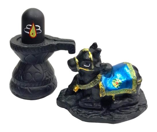 Black Shiva Ling with Nandhi Fibre Figurine Pooja Decorative Showpiece size 3.5 inch