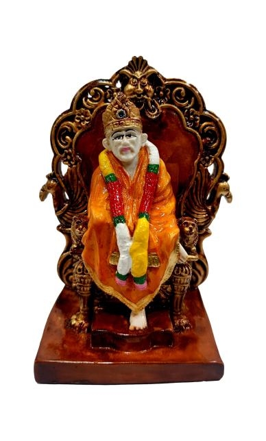 Sai Baba on Simhasan Multicolour Marble Dust Idol Pooja Ghar Decorative Showpiece 5 Inch 