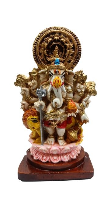 Ashtabhuja Shubh Drishti Ganesha on Lion Multicolour Marble Dust Figurine Pooja Decorative Showpiece size 5.5 inch
