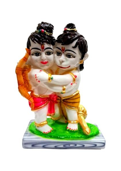 Multicolour Chota Ram Hugging Hanuman Marble Dust Pooja Decorative Figurine 9 inch