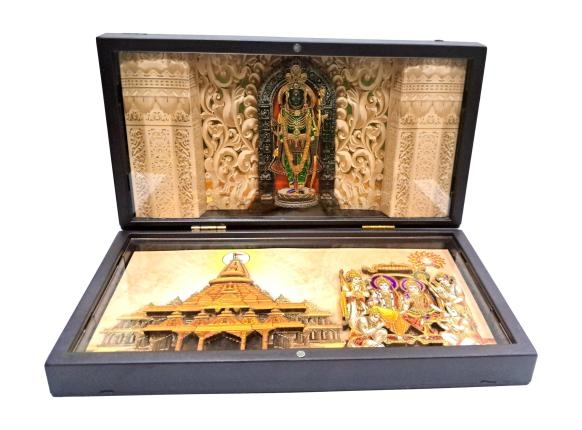 Sri Ayodhya Ram Lalla Murthi with Ayodhya Mandir inside Gold Plated Box Corporate Gift 21 x 11 cms